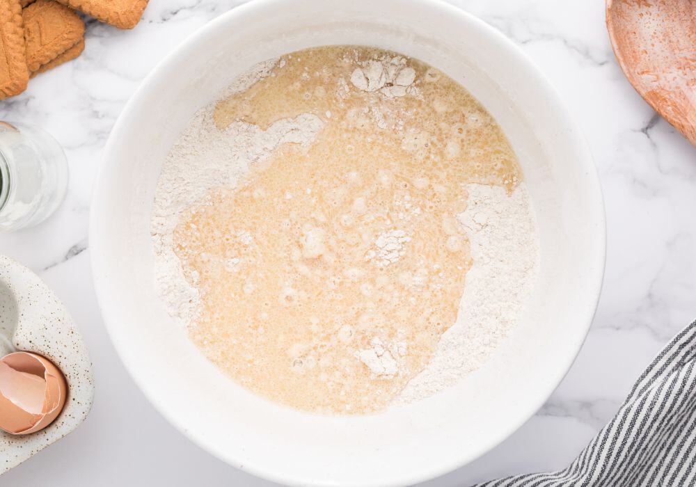 dry ingredients and wet ingredients in a mixing bowl