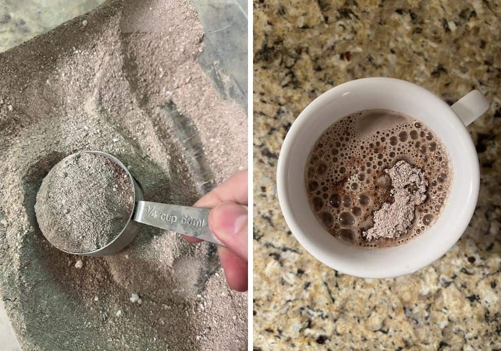 two photos; one shows a 1/4 cup measuring cup scooping out hot chocolate mix from a container; the other shows the mix being dissolved in a mug of hot water.