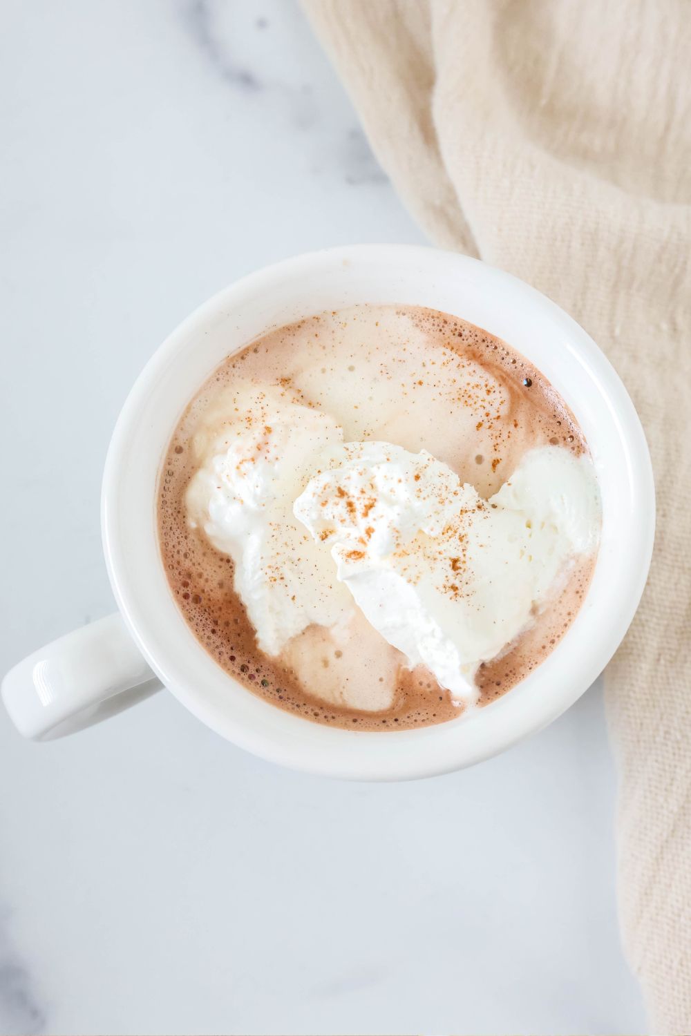 Overhead view of hot cocoa that was made with homemade hot chocolate mix.