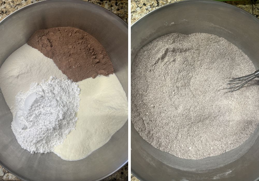 two photos; one shows dry ingredients in a large mixing bowl; the other shows them whisked together to create the hot chocolate mix.
