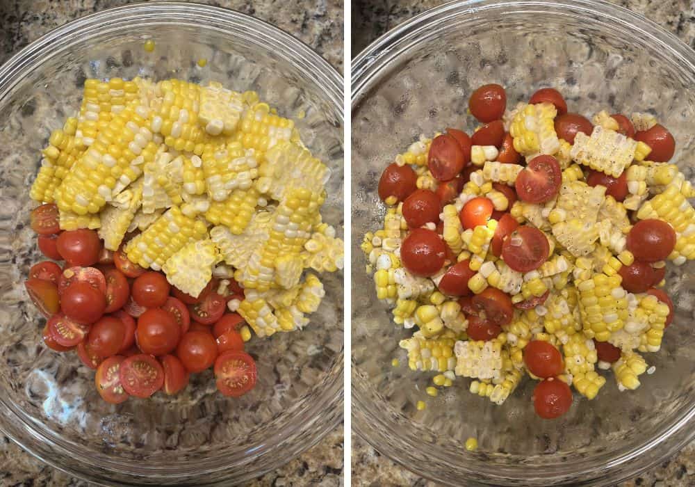two photos; one shows fresh corn cut off the cob and halved cherry tomatoes in a glass bowl; the other shows the two stirred together.