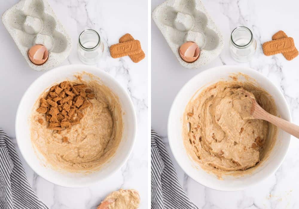 two photos; one shows Lotus cookie pieces being added to the muffin batter; the other shows the cookie pieces incorporated into the batter.