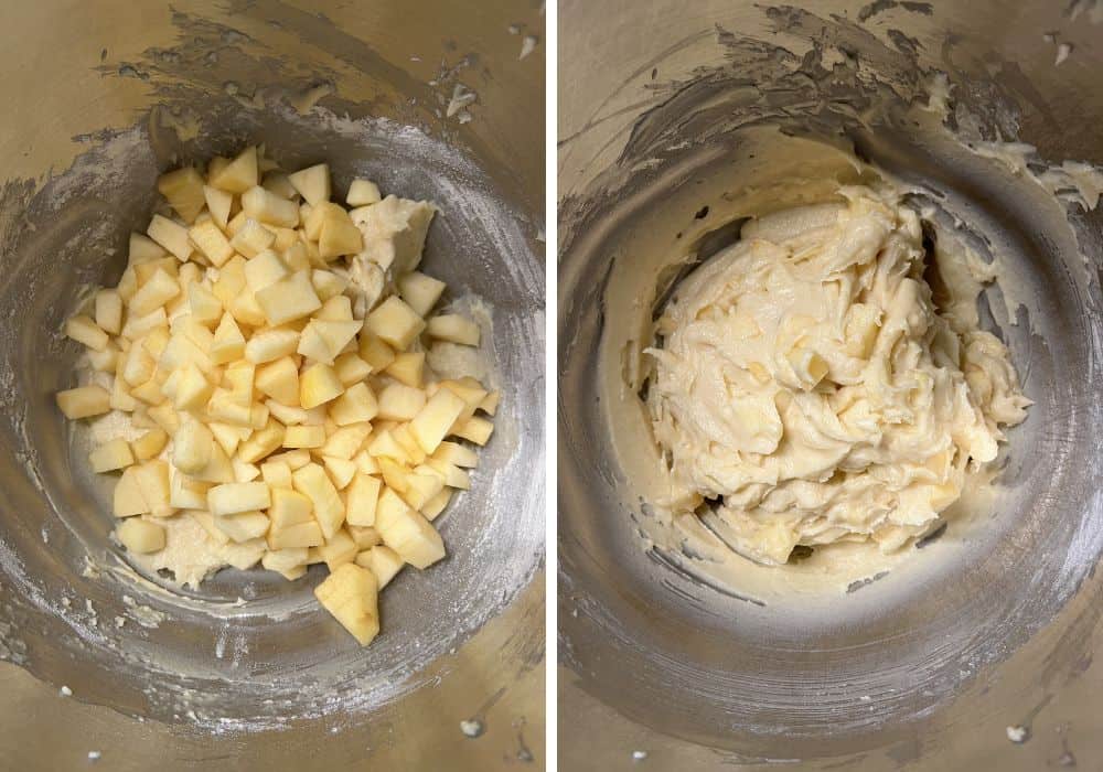 Two photos; one shows fresh diced apples added to the cake batter; the other shows the apples folded into the batter.