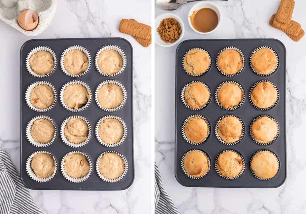 two photos; one shows muffin batter in muffin liners in a muffin tin; the other shows the muffin pan with freshly baked muffins in it.