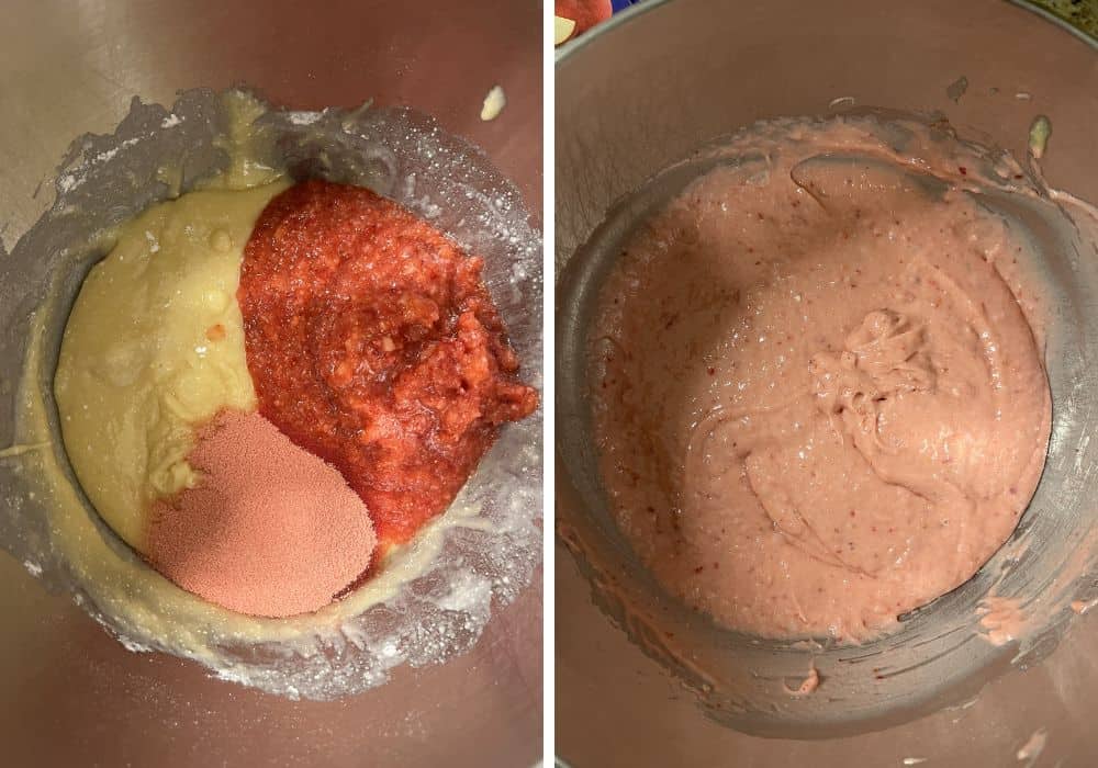two photos; one shows strawberry jello and strawberry puree added to cake batter in a mixing bowl; the other shows the cake batter in the bowl after mixing everything together.