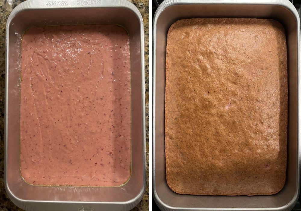 two photos; one shows strawberry cake batter in a cake pan; the other shows the cake after baking.