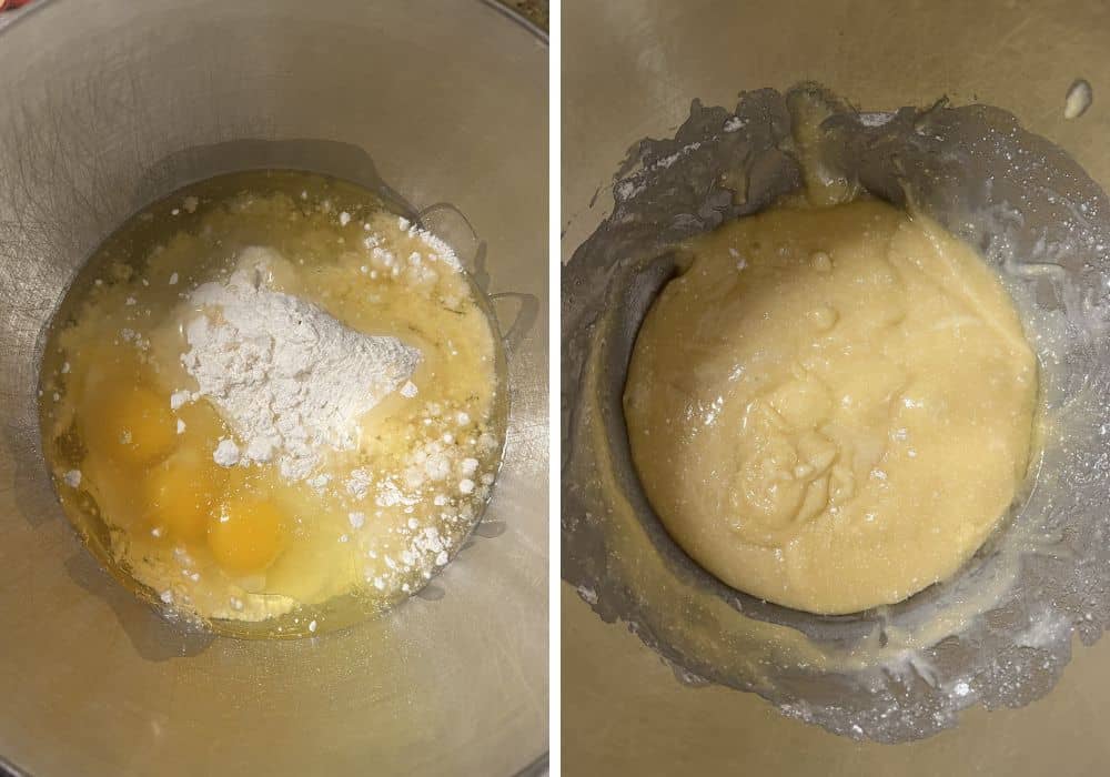 two photos; one shows several ingredients for the cake in a mixing bowl; the other shows those ingredients mixed together.