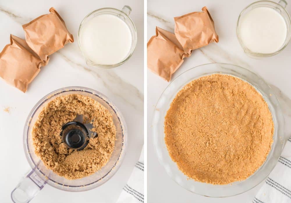two photos; one shows graham crackers and butter mixed together in a food processor; the other shows the mixture pressed into a pie plate.