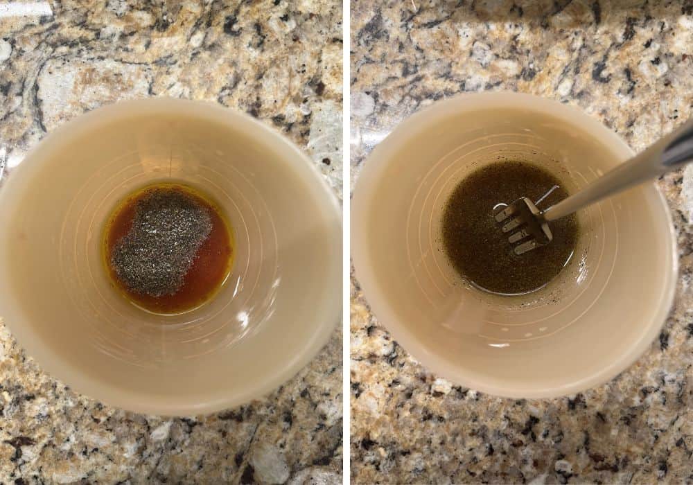 two photos; one shows ingredients for vinaigrette in a small measuring cup; the other shows a fork stirring them together.