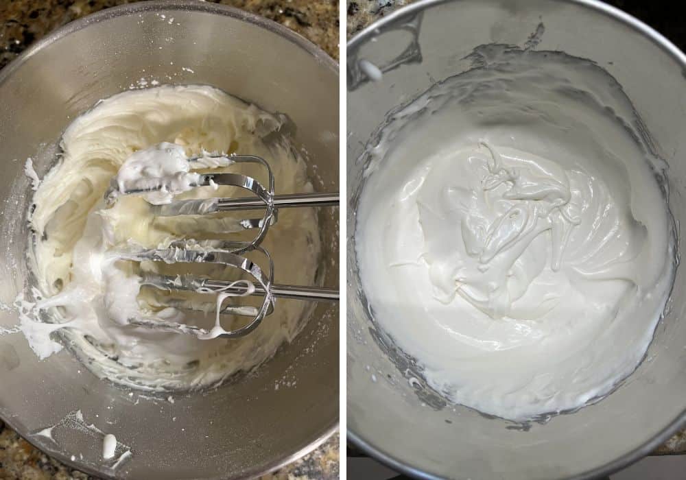 Two photos; one shows the beaters of a mixer mixing some marshmallow fluff creme into a cream cheese and powdered sugar mixture; the other shows the mixture after the filling is finished.