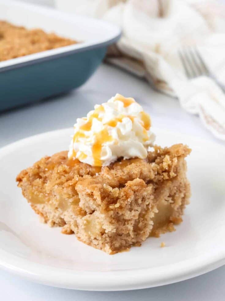 Slice of apple cake made with cake mix and pie filling, served on a white plate, topped with whipped cream and caramel drizzle.