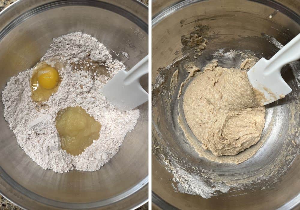 two photos; one shows wet ingredients being added to the dry ingredients in a mixing bowl; the other shows the batter mixed together.