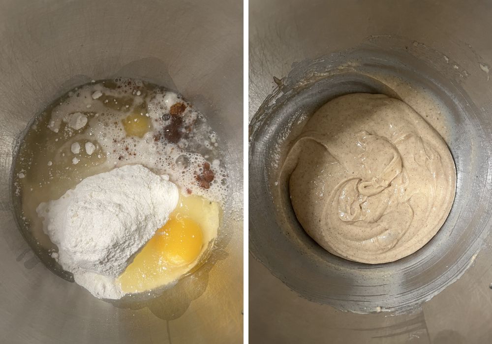 Two photos; one shows ingredients for cake batter in a mixing bowl; the other shows the ingredients mixed together.