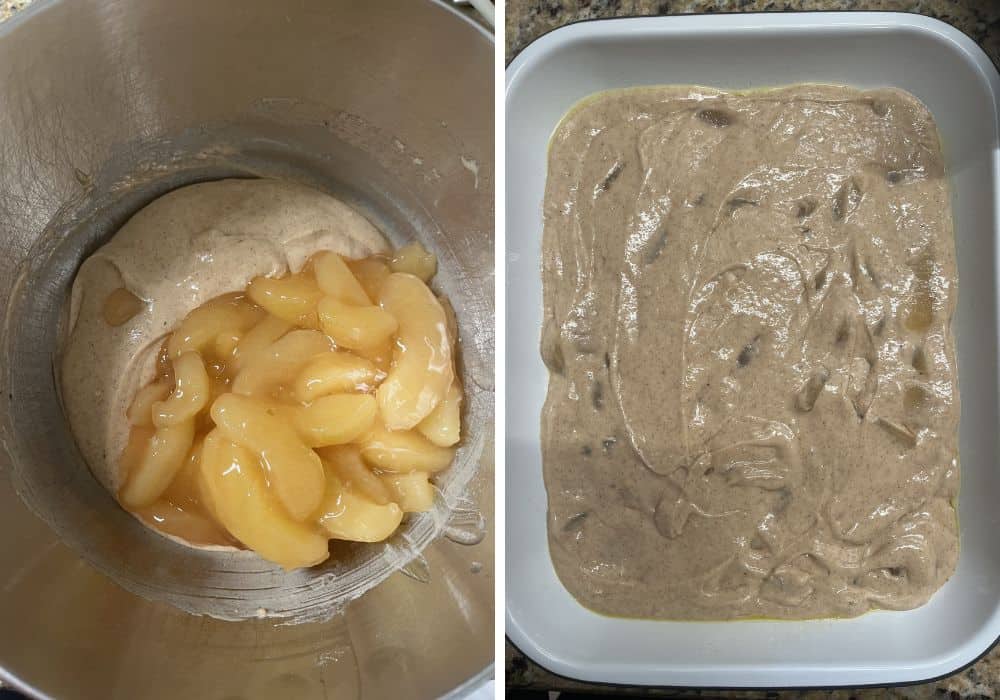 Two photos; one shows canned apple pie filling added to cake batter in a mixing bowl; the other shows the batter spread into a 9x13" pan.