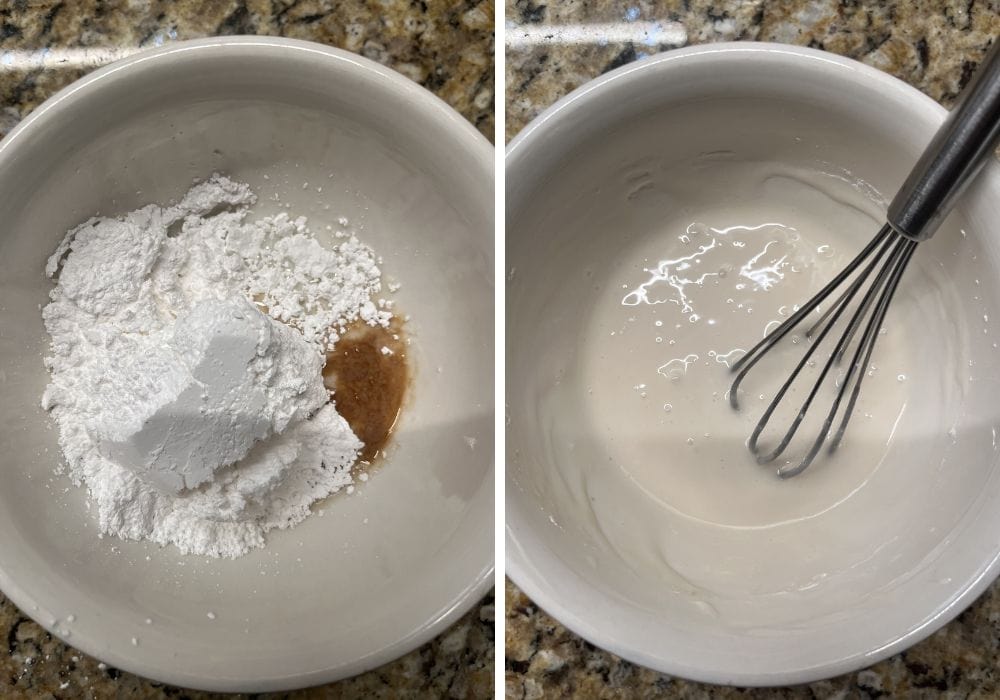 Two photos; one shows glaze ingredients in a small bowl; the other shows the ingredients whisked together to form the glaze.