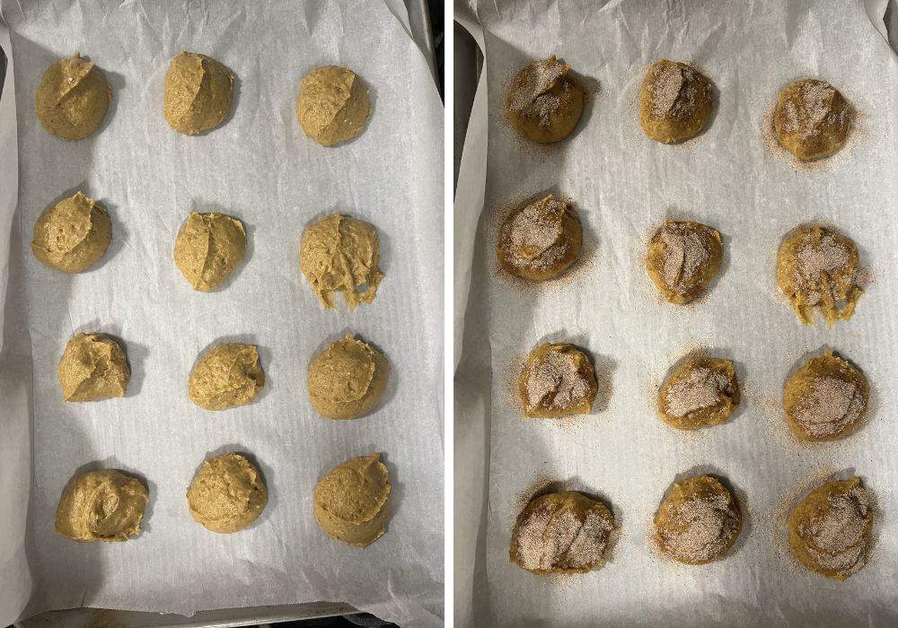 Two photos; one shows rounds of pumpkin fritter batter on a parchment-lined baking sheet; the other shows the batter sprinkled with sugar and pumpkin spice.