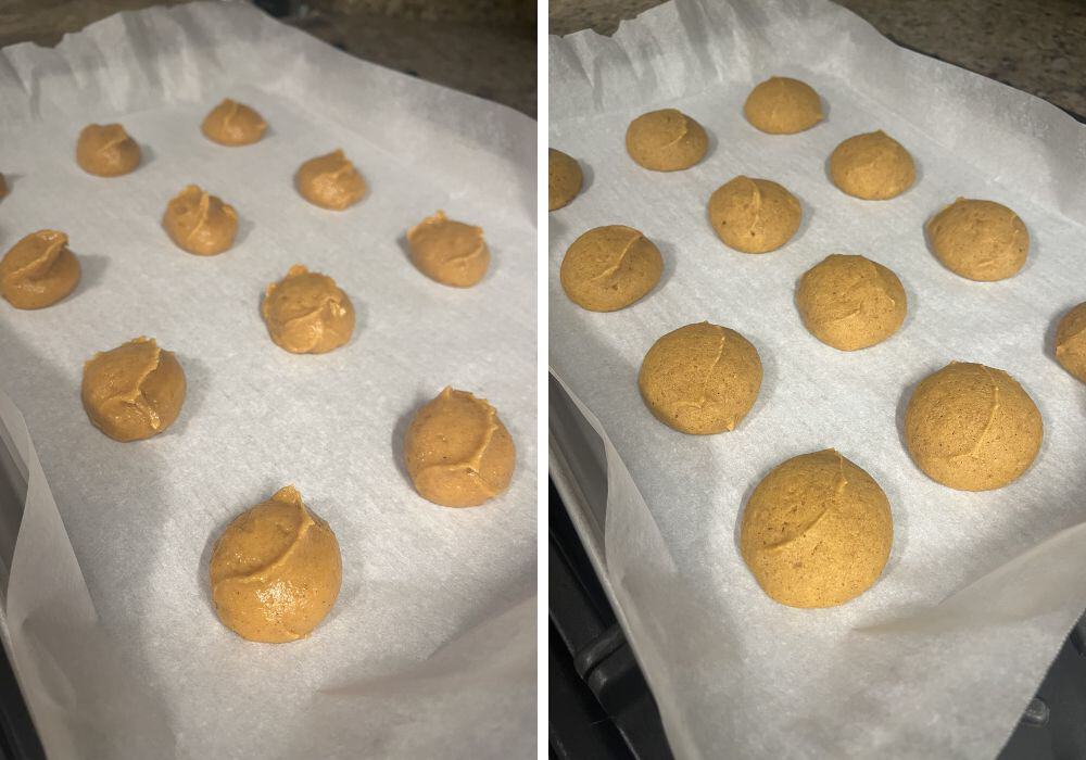 Two photos; one shows rounds of batter on a parchment-lined baking sheet; the other shows the cookie shells after being baked in the oven.