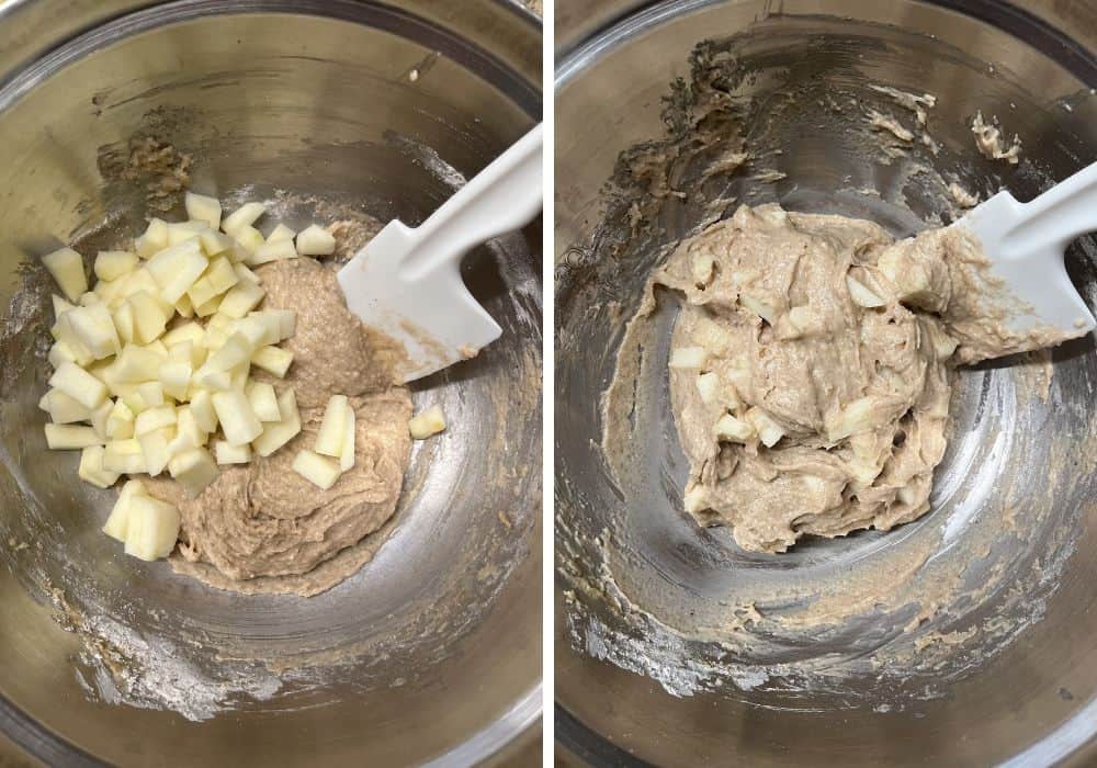 Two photos; one shows diced apples added to fritter batter; the other shows the apples folded into the batter.
