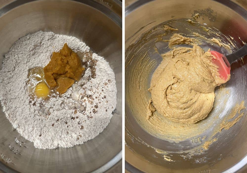 Two photos; one shows ingredients for Bisquick pumpkin fritter batter in a mixing bowl; the other shows the ingredients mixed into a batter in the bowl.