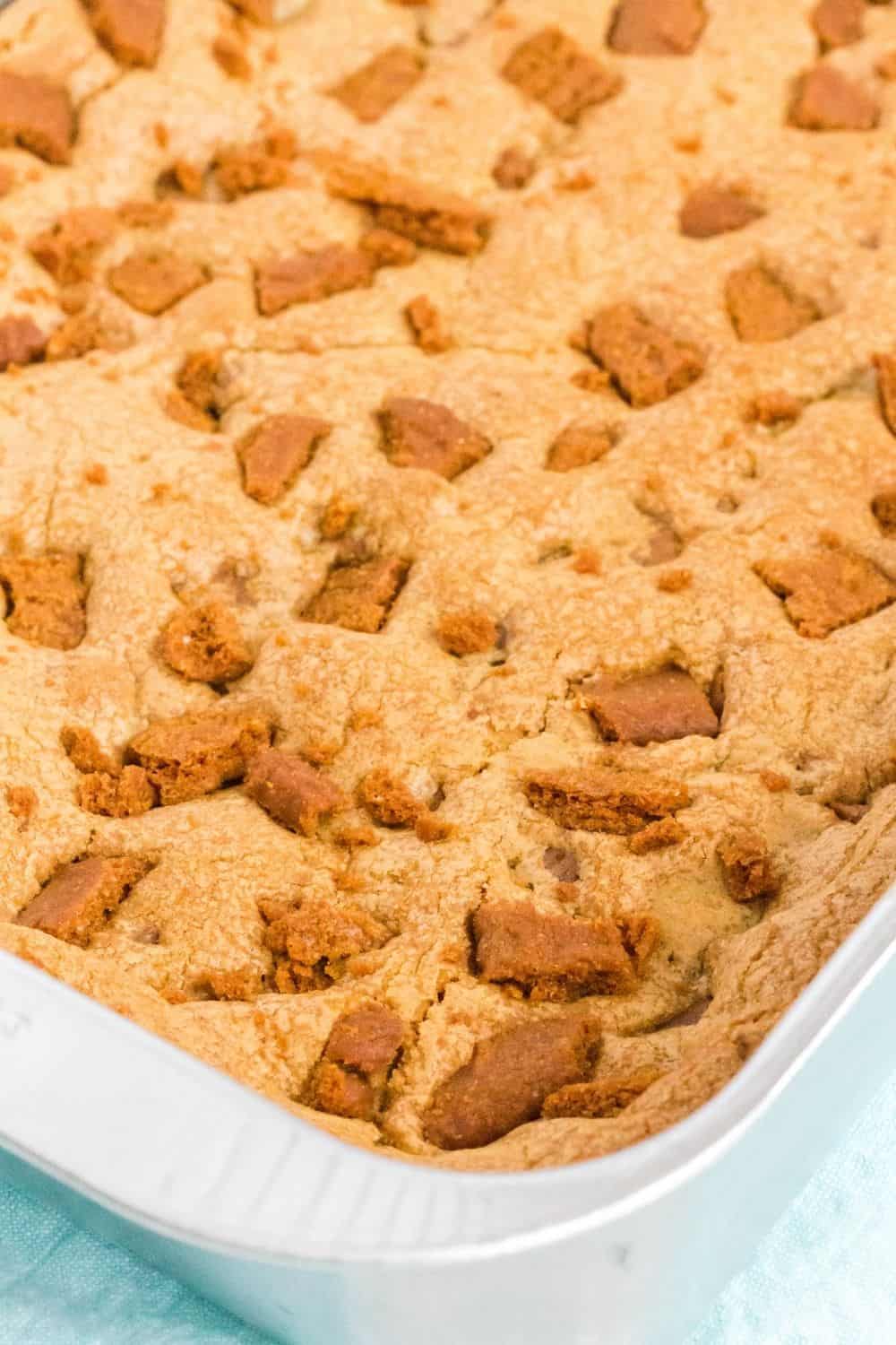 angled view of a metal pan of freshly baked blondies made with Biscoff.