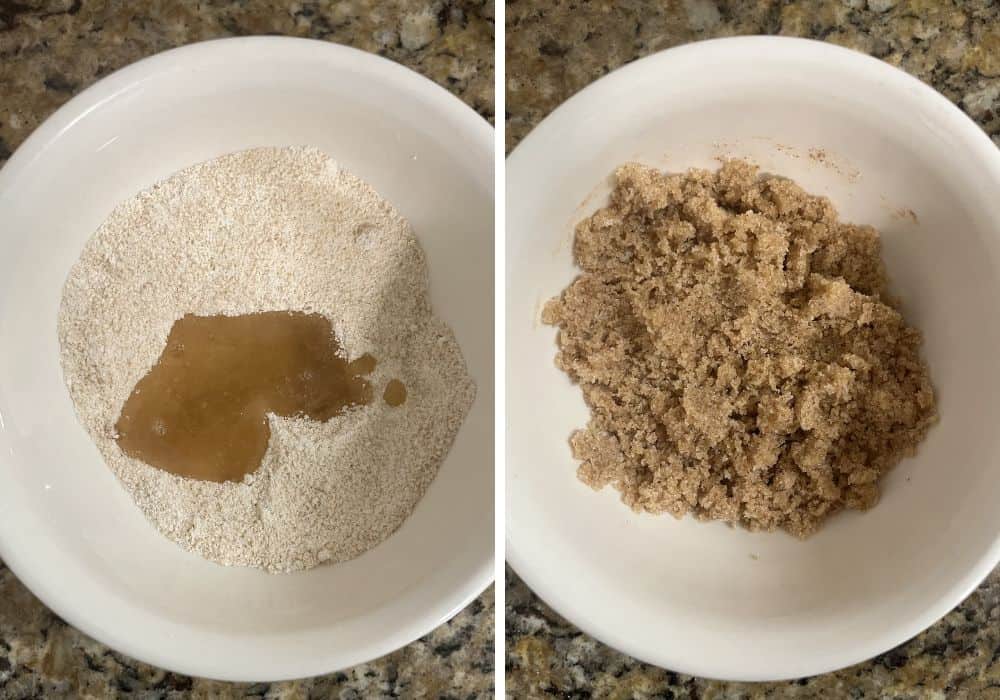 Two photos; one shows ingredients for streusel in a small bowl; the other shows the ingredients combined to look like wet sand.