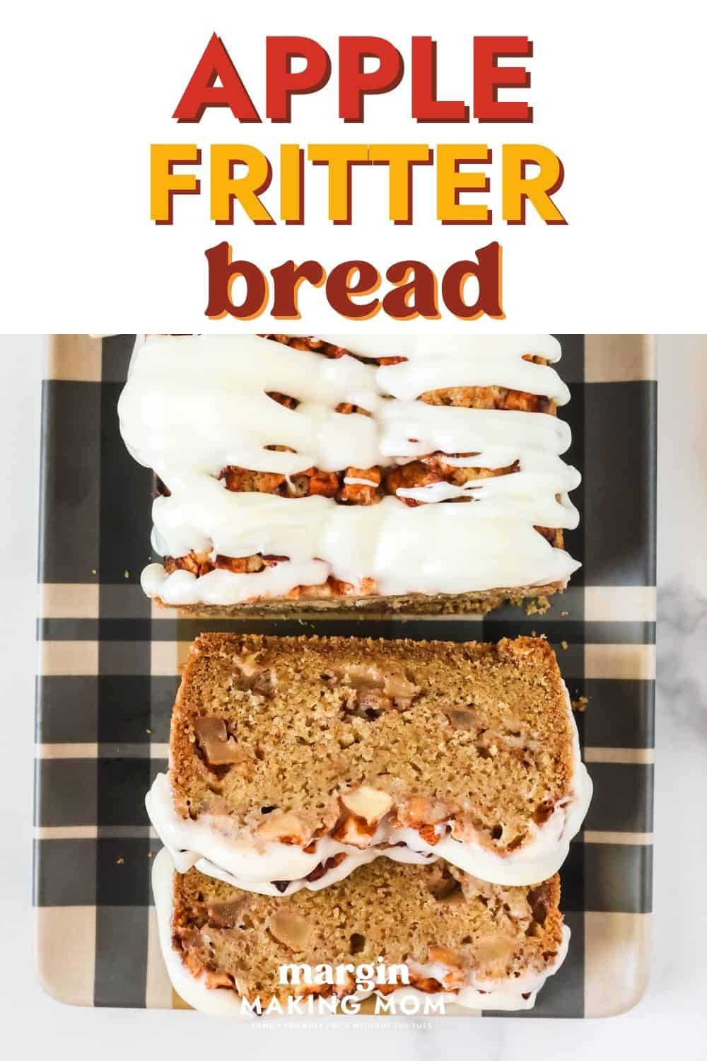 Partially sliced loaf of easy apple fritter bread, showcasing the tender, moist crumb of the bread, the chunks of apples throughout, and the powdered sugar icing on top.