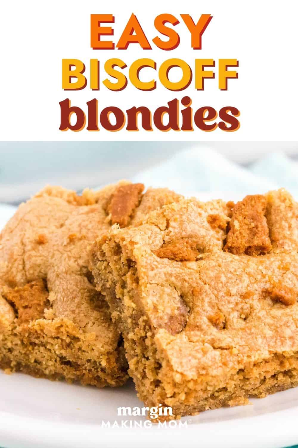 Close-up view of Biscoff blondies on a white plate, showcasing the soft and chewy texture and the pieces of Biscoff cookies in the top.