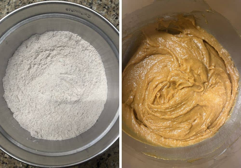 two photos; one shows dry ingredients in a mixing bowl; the other shows the dry ingredients mixed into the wet ingredients to create the pumpkin whoopie pie batter.