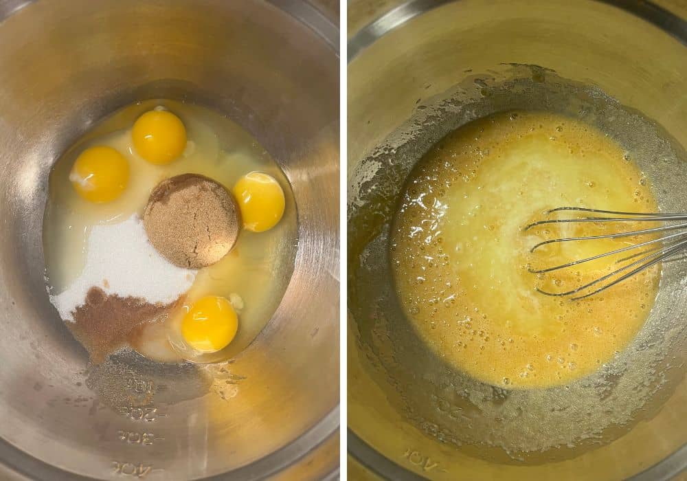 Two photos; one shows eggs, sugar, brown sugar, cinnamon, and melted butter in a bowl; the other shows those ingredients whisked together.