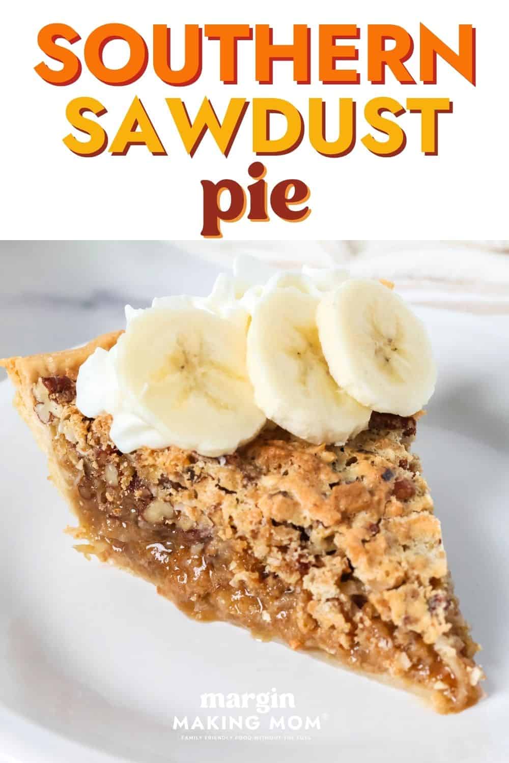 Slice of southern sawdust pie on a white plate, topped with whipped cream and banana slices.