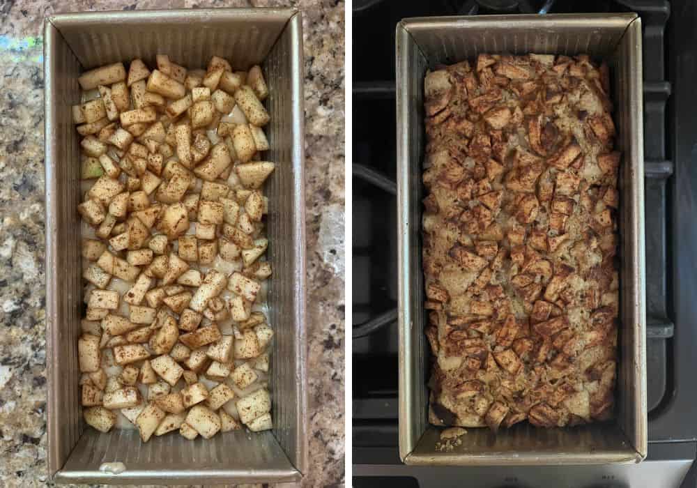 Two photos; one shows diced apples sprinkled over batter in a loaf pan; the other shows the loaf after baking.