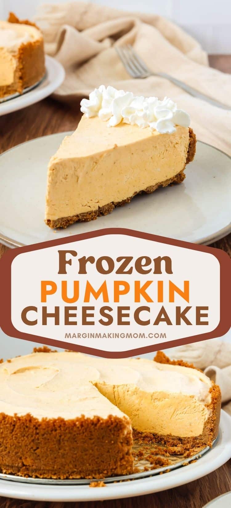 Two photos; one shows a slice of frozen pumpkin cheesecake pie on an ivory plate; the other shows the whole frozen pumpkin cheesecake with a slice removed from it.