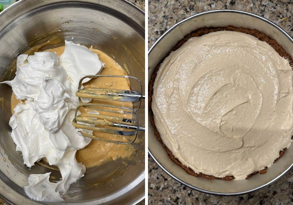 two photos; one shows Cool Whip added to the pumpkin filling; the other shows the filling poured into the speculoos crust.