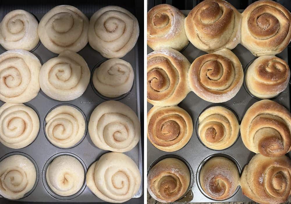 Two photos; one shows an overhead view of German sweet rolls in the pan after the second rise and before baking; the other shows the rolls after being baked to golden-brown perfection.