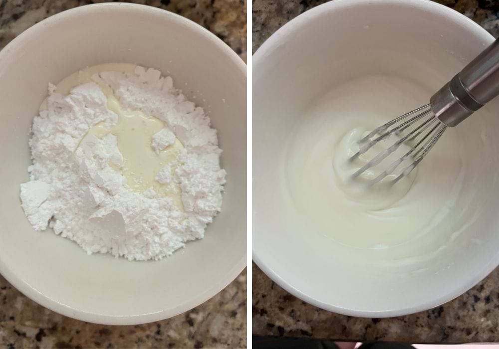 Two photos; one shows heavy cream added to powdered sugar in a small bowl; the other shows the ingredients whisked together to create an icing for glazing the apple fritter bread.