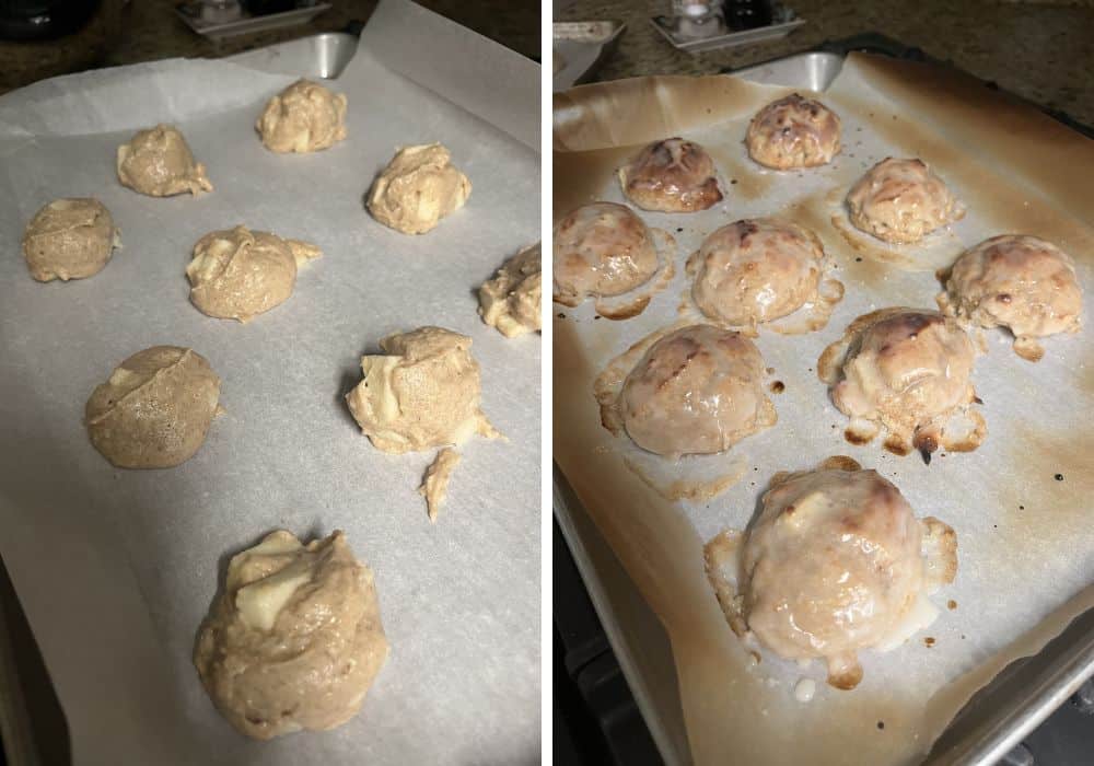 Two photos; one shows apple fritter batter on a parchment lined baking sheet; the other shows the fritters after they've been baked and topped with glaze.