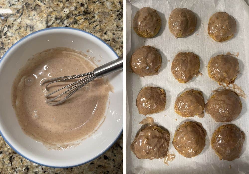 Two photos; one shows glaze in a bowl with a whisk; the other shows glaze brushed over the freshly baked pumpkin fritters.