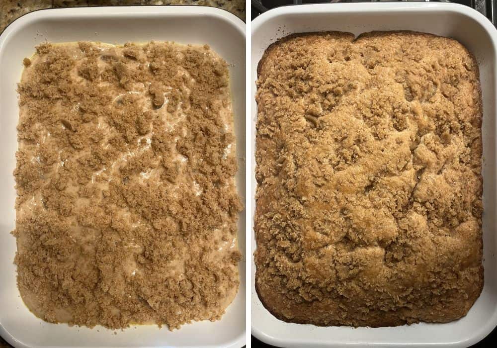 Two photos; one shows streusel sprinkled over cake batter in a pan; the other shows the pan of freshly baked apple spice cake.
