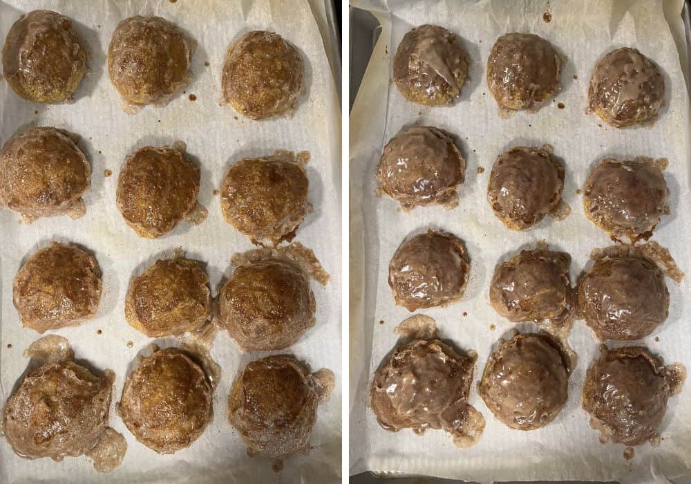 Two photos; one shows fritters after broiling; the other shows more glaze drizzled over the broiled pumpkin fritters.