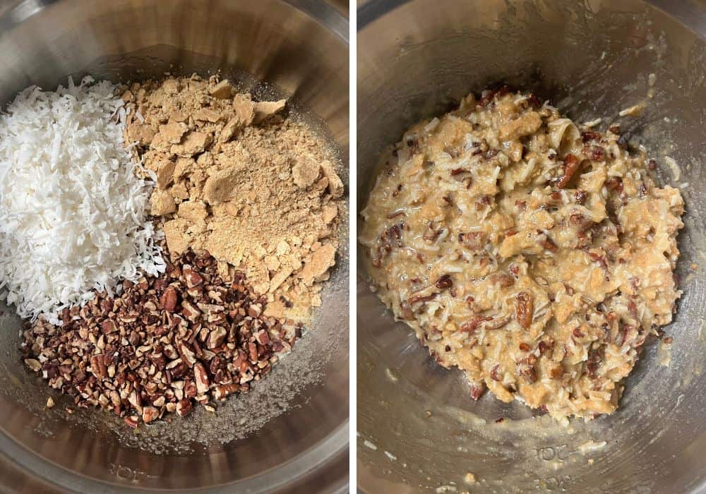 Two photos; one shows pecans, shredded coconut, and graham cracker crumbs added to wet ingredients in a bowl; the other shows the mixture combined into the pie filling.