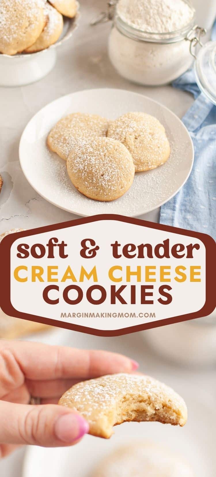 Two photos; one shows a few melt-in-your-mouth cream cheese cookies on a white plate; the other shows a woman's hand holding a Philadelphia cream cheese cookie with a bite taken out of it.