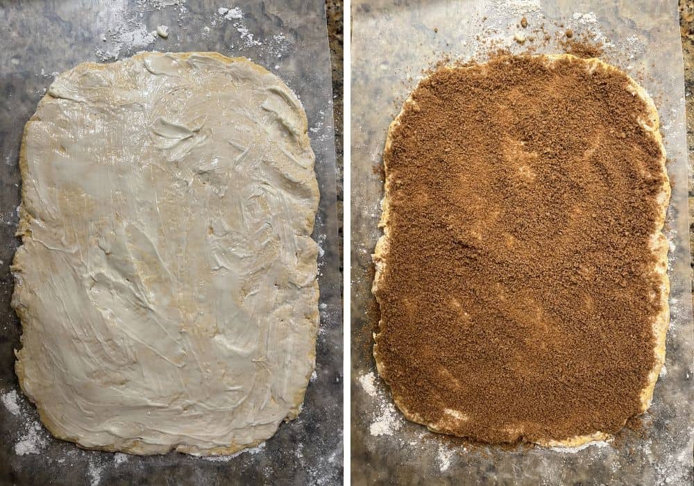 Two photos; one shows softened butter spread over the surface of no-yeast pumpkin cinnamon roll dough; the other shows cinnamon sugar mixture spread over the butter.
