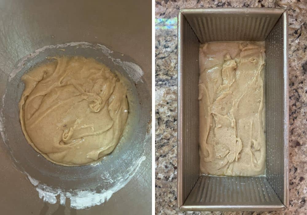 Two photos; one shows the batter in a mixing bowl; the other shows half of the batter in a greased loaf pan.