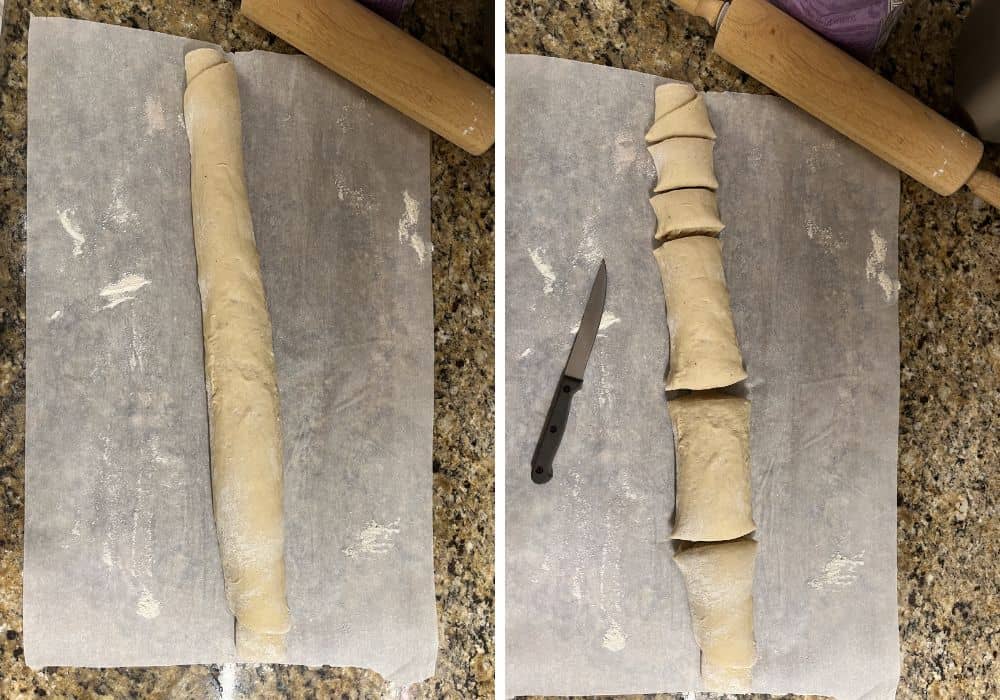 Two photos; one shows the dough rolled up into a log, the other shows the dough being cut into 12 pieces.