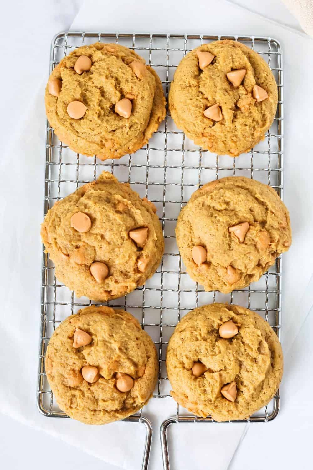 Overhead view of pumpkin butterscotch chip cookies on a small wire cooling rack.