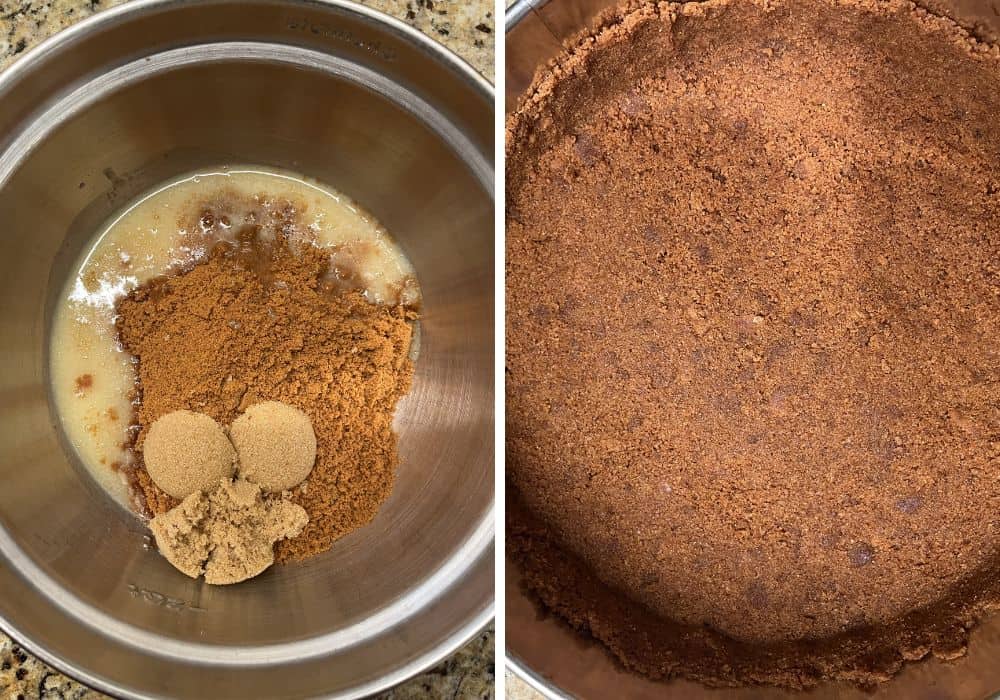 Two photos; one shows Biscoff cookie crumbs, brown sugar, and melted butter in a mixing bowl; the other shows the crumb mixture pressed into a springform pan.