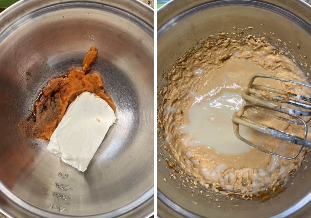 two photos; one shows pumpkin puree, pumpkin pie spice, vanilla extract, and cream cheese in a mixing bowl. The other shows those ingredients blended together and sweetened condensed milk added to the bowl.