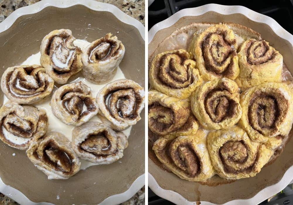 Two photos; one shows heavy cream drizzled over the unbaked pumpkin cinnamon rolls in a pan; the other shows the freshly baked cinnamon rolls in the pan.