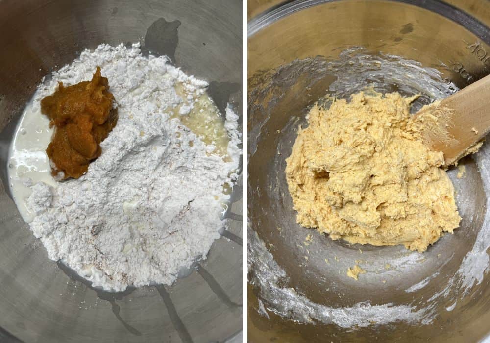 Two photos; one shows ingredients for no-rise pumpkin cinamon rolls in a mixing bowl; the other shows the ingredients mixed into a soft dough with a wooden spoon.