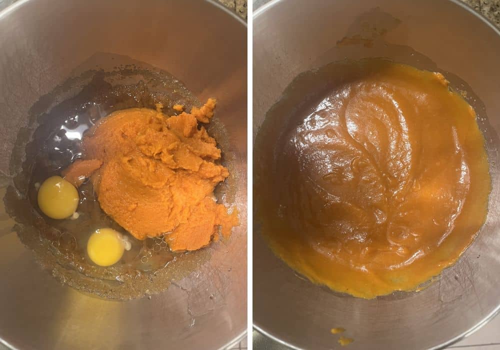 two photos; one shows wet ingredients for pumpkin whoopie pies in a mixing bowl; the other shows the ingredients mixed together.